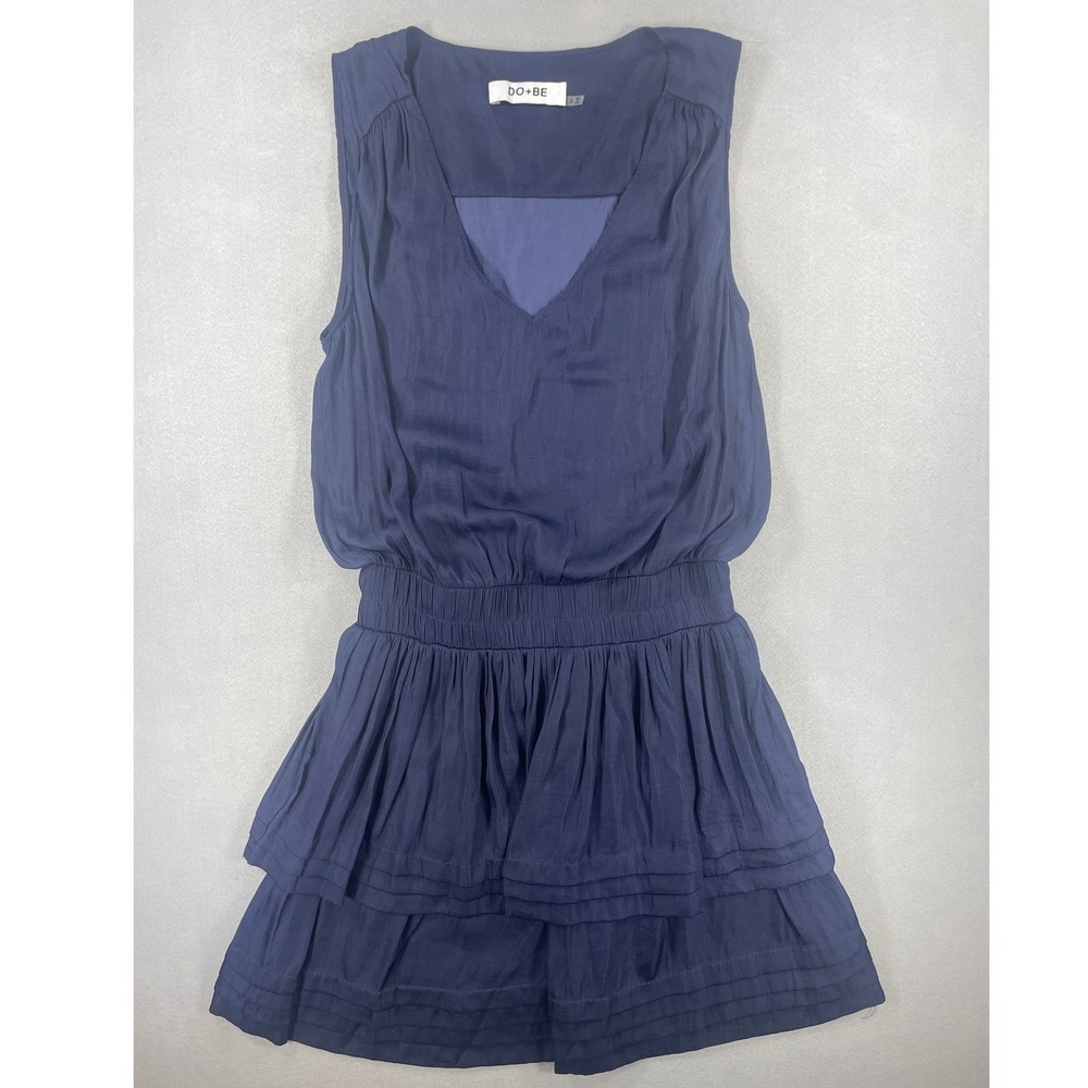 DO+BE Womens Mini‎ Dress Sleeveless Smocked Tiered Navy Blue Polyester Small